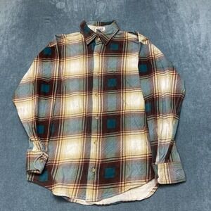 Sostanza Flannel Shirt Mens Medium Teal Brown Cream Plaid Long Sleeve Button Up
